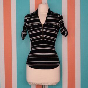 GUESS Black and White Striped Zip-Up Fitted Top